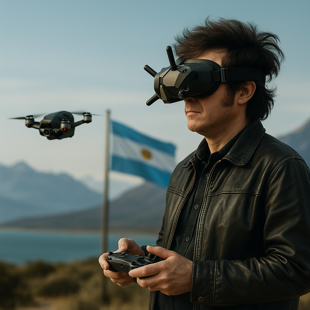 Piloto con gafas FPV volando dron en paisaje argentino con bandera, normativa drones Argentina 2025